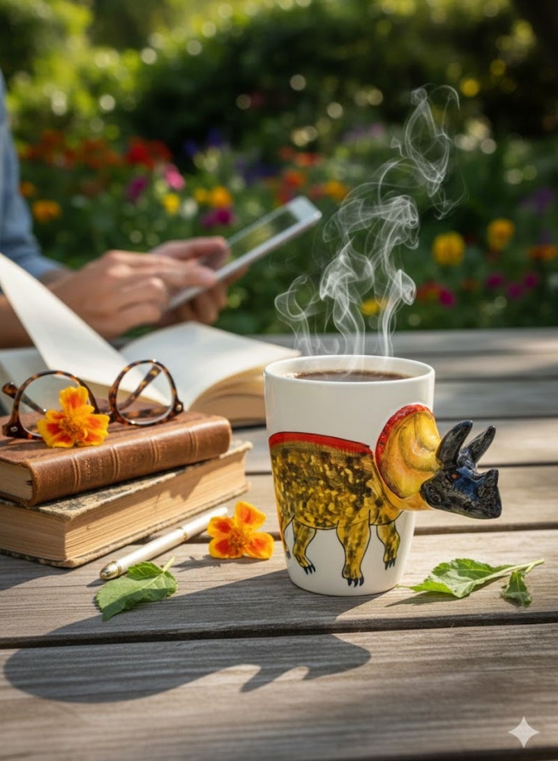 سولاري كوب قهوة سيراميك بمقبض ثلاثي الأبعاد من ترايسيراتوبس | كوب بتصميم حيواني إبداعي | كوب شاي وقهوة مصنوع يدويًا | هدية فريدة للمنزل والمكتب | أبيض | 350 مل - Image 4